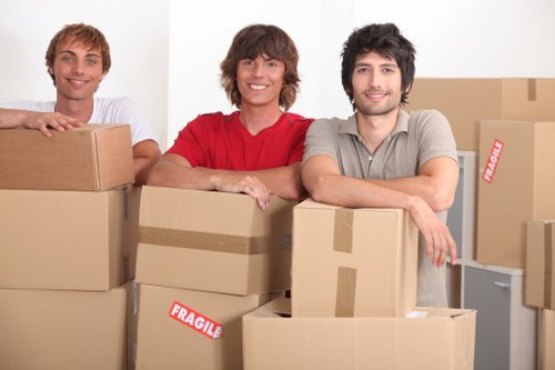 Packed moving boxes and furniture ready for transport in Pimlico