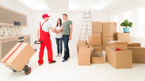 Professional removals team handling packed boxes in Pimlico