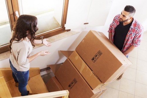 Room-by-room packing setup with labeled boxes in Pimlico