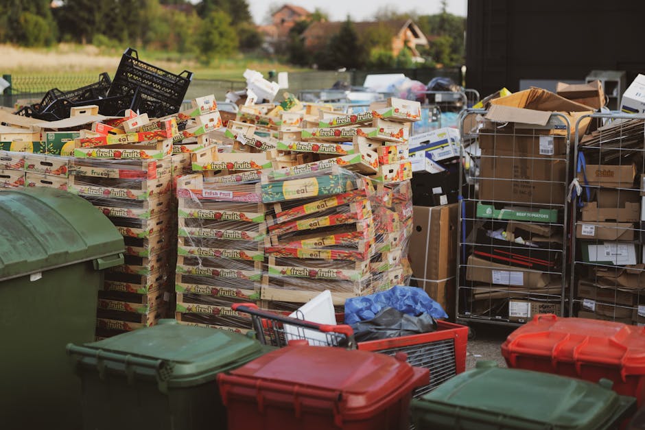 A large outdoor area filled with numerous stacks of empty cardboard fruit boxes, primarily marked with 'fresh fruits' and bright fruit images, arranged on pallets and surrounded by plastic crates, som